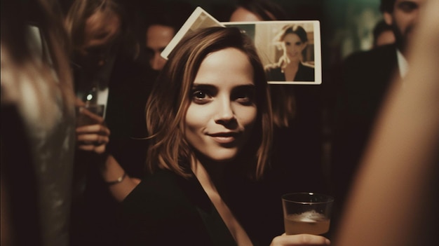 A woman holding a picture of a woman in a bar