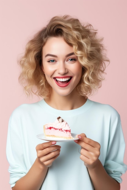 Photo woman holding a piece of cake in front of her face perfect for food and celebration concepts