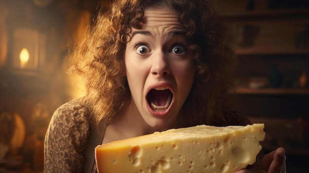 Photo a woman holding a piece of cheese in front of her face