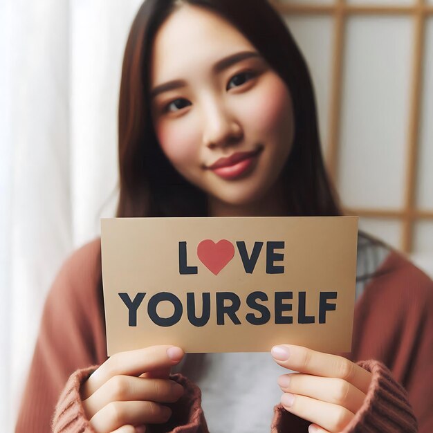 Photo woman holding a piece of paper with love yourself message