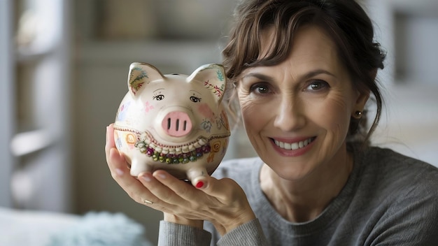 Woman holding a piggy bank