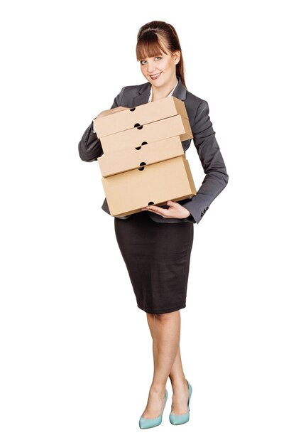 Woman holding a pile of boxes against a white background business and delivery service concept