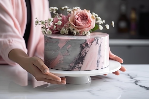 Woman holding pink cake decorated with flowers on white marble in the kitchen Ai generative