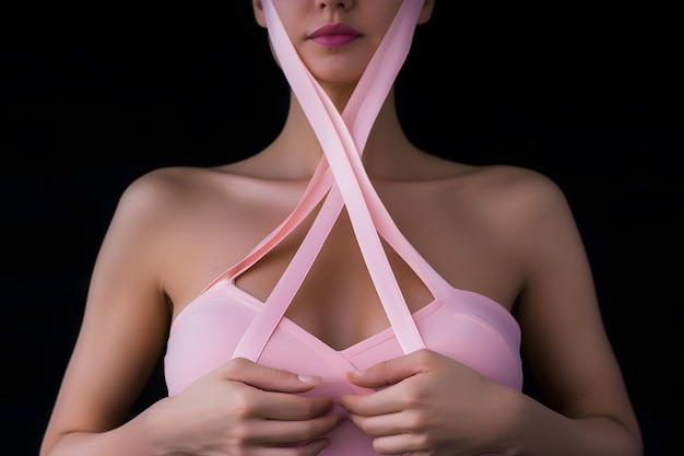 woman holding a pink ribbon symbolizing strength and hope in the fight against breast cancer