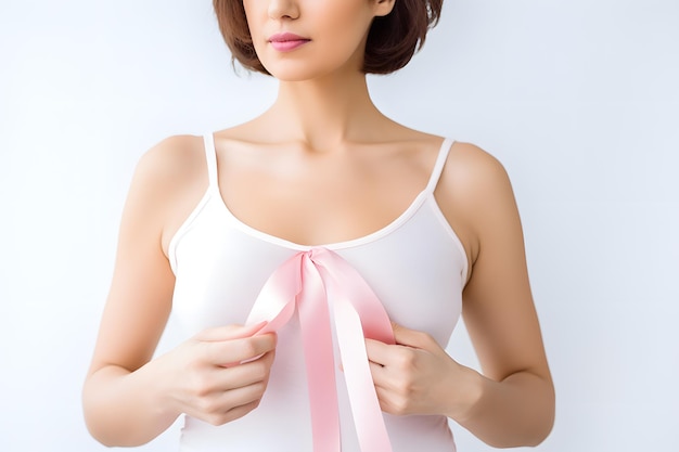 乳がんとの闘いにおける強さと希望を象徴するピンクのリボンを持つ女性