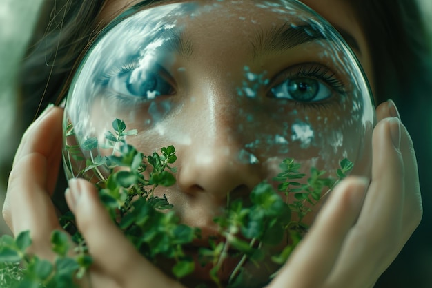 Photo woman holding plant in front of face