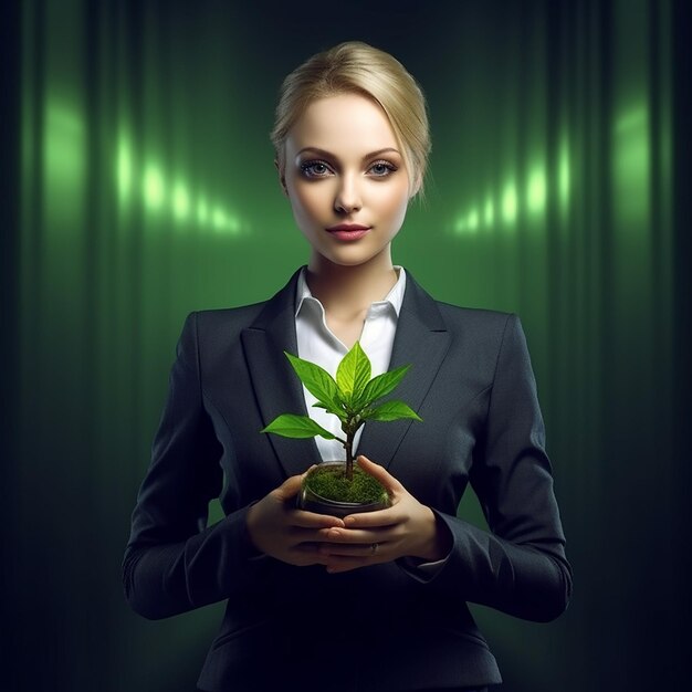 Foto una donna che tiene una pianta tra le mani su uno sfondo verde