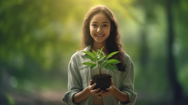 A woman holding a plant in her hands