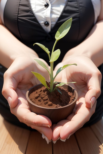 woman holding a plant sprout