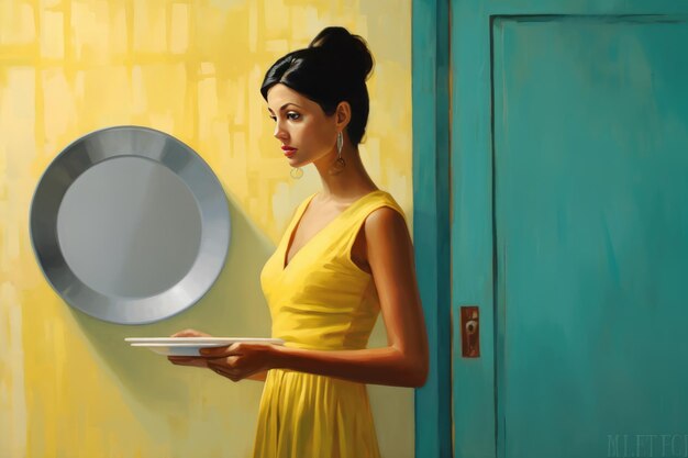 Photo a woman holding a plate in a brightly lit room