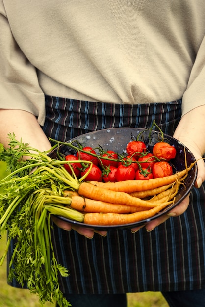 Foto donna che tiene un piatto di carote e pomodori