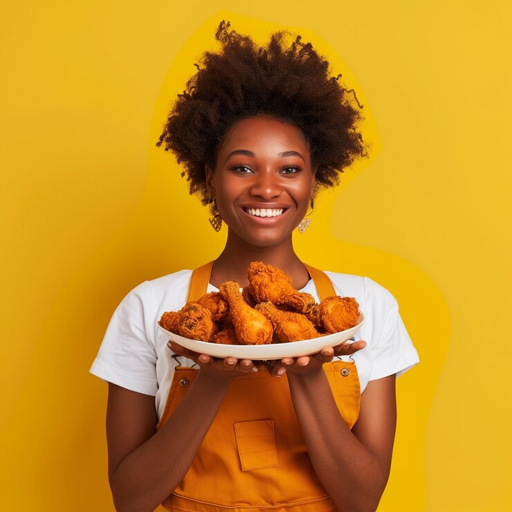 a woman holding a plate of donuts with a yellow background