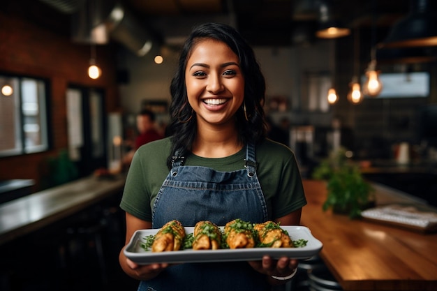 Woman holding a plate of enchiladas in a restaurant