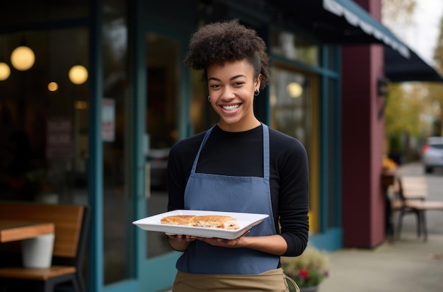 Woman Holding Plate of Food in Front of Building