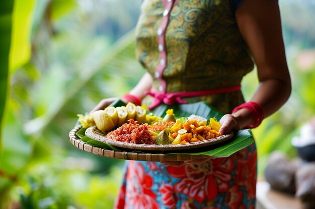 Foto una donna che tiene in mano un piatto di cibo