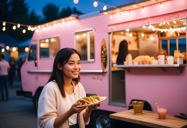 Photo a woman holding a plate of food with a plate of food in front of her