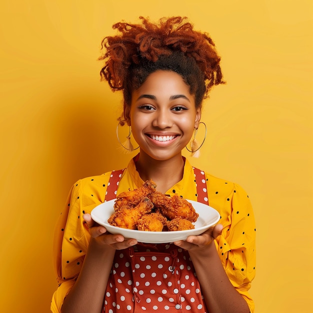 Photo a woman holding a plate of fried chicken on her hand