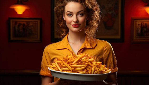 Photo a woman holding a plate of fries with a red shirt that says  do not eat