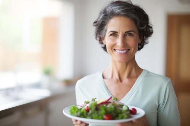 a woman holding a plate with a salad on it