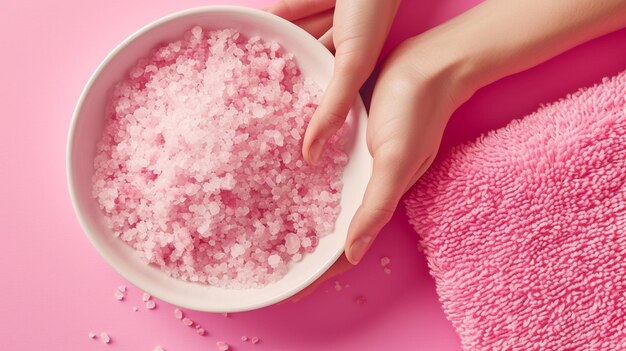 woman holding plate with tasty oatmeal on pink background