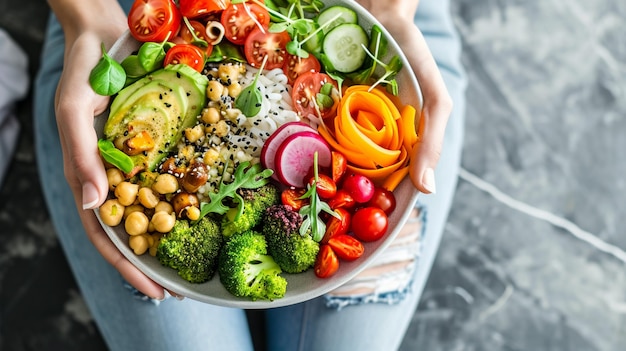 Foto donna che tiene un piatto con cibo vegano o vegetariano ai generativo