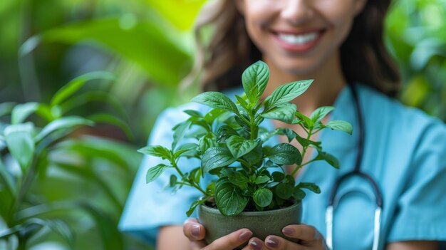 植物のポットを握る女性人工知能を生み出します