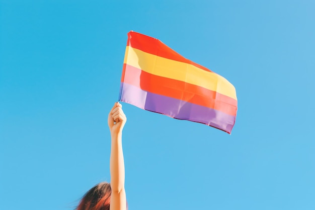 A woman holding a rainbow flag in the sky.