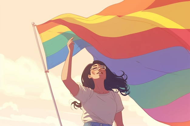 A woman holding a rainbow flag that says'pride'on it