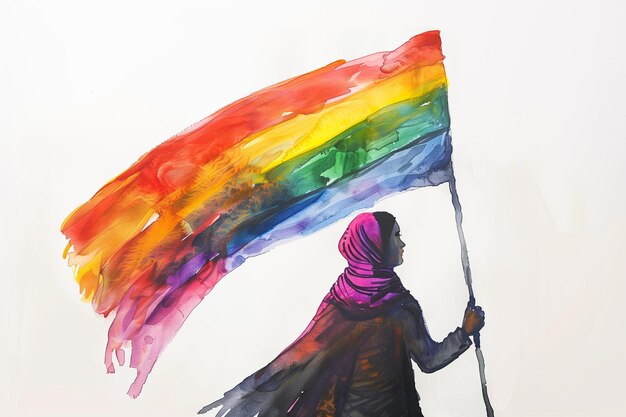 A woman holding a rainbow flag