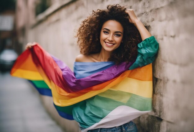 A woman holding a rainbow flag