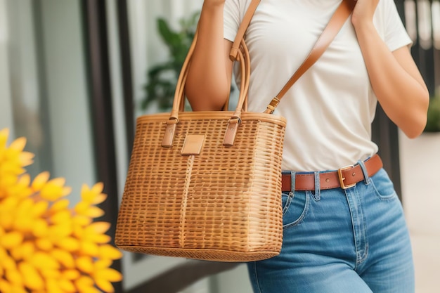 Woman holding rattan handbag on light background Generative AI