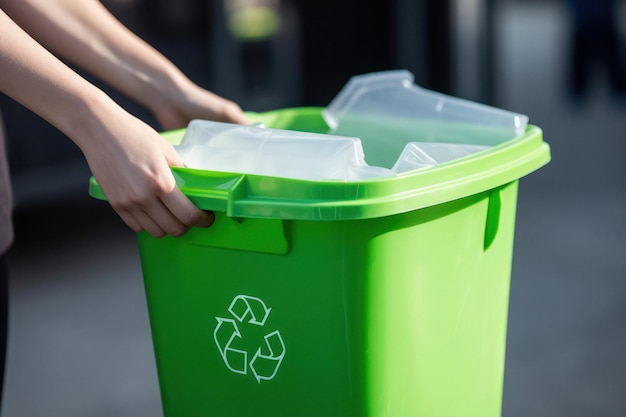 Photo woman holding recycling container with white symbol