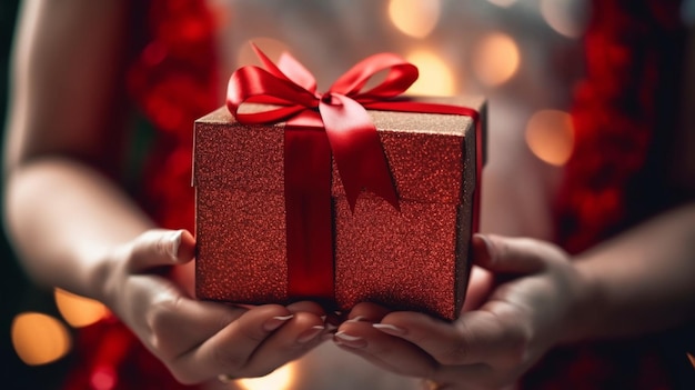 Woman holding red gift box on blurred background closeup Christmas celebrationgenerative ai