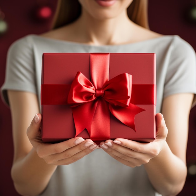 woman holding a red gift box with a red bow in it generative ai