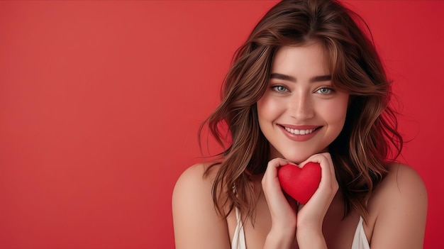 A woman holding a red heart on a background of red