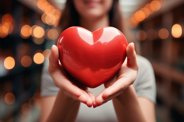 A woman holding a red heart in her hands on Valentine's Day created with generative AI technology