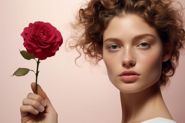 Woman Holding Red Rose to Face