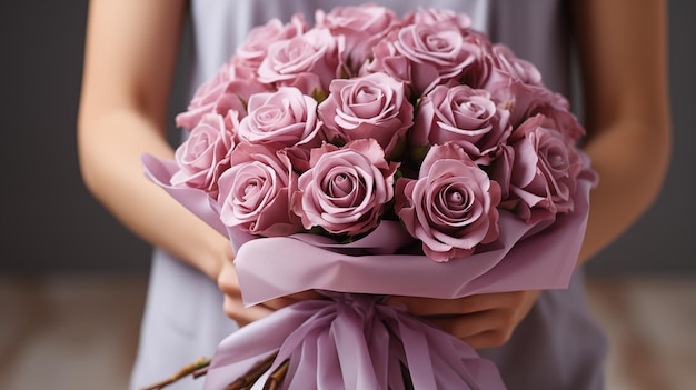 Foto donna con un romantico bonquet di rose rosse per il matrimonio e il concetto di san valentino