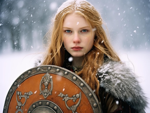 a woman holding a shield in the snow