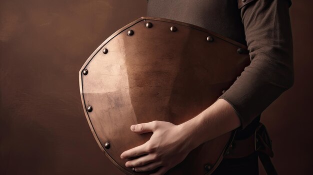 Photo a woman holding a shield with the word god on it