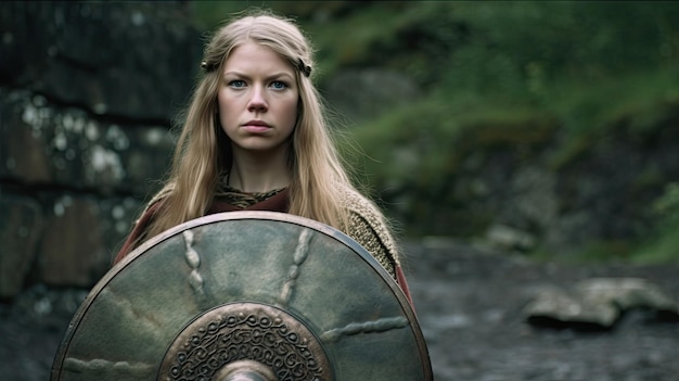 a woman holding a shield
