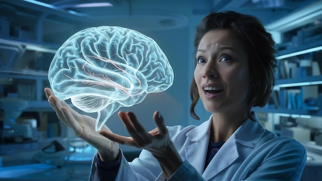 Woman holding shiny brain hologram