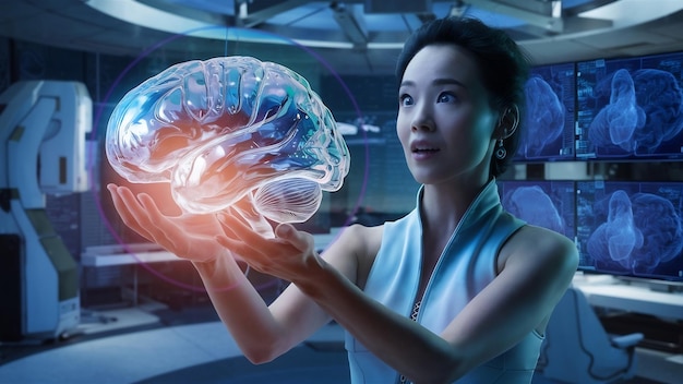 Woman holding shiny brain hologram