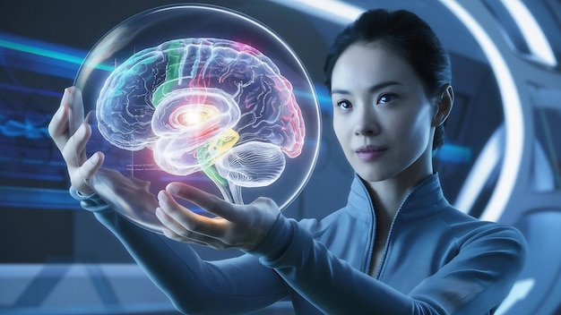 Woman holding shiny brain hologram