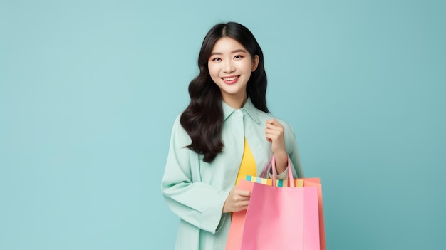 woman holding shopping bag on pastel color background