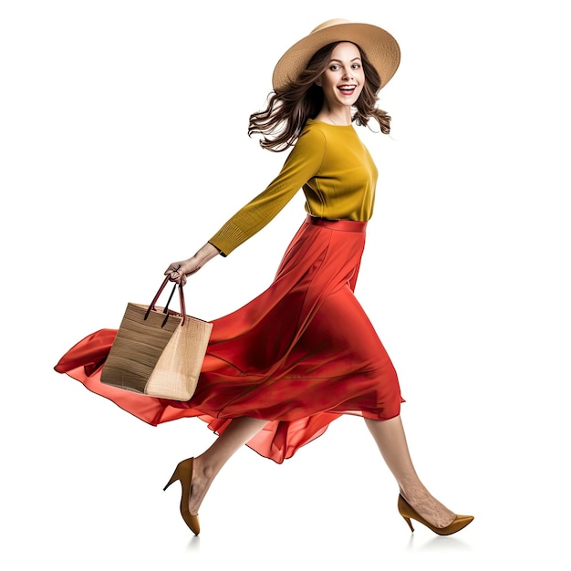 A woman holding a shopping bag while wearing a dress and hat