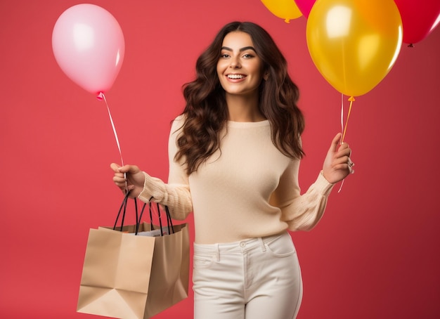 a woman holding a shopping bag with balloons in the background