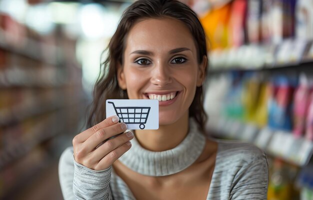 Woman holding shopping cart icon at supermarket