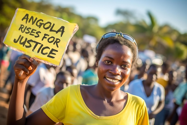 群衆の前で「アンゴラは正義のために立ち上がる」の看板を持つ女性 生成 AI