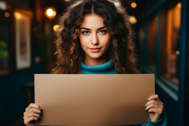 Woman holding sign in front of her face Generative AI